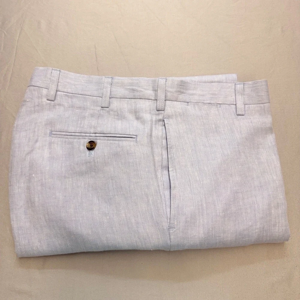 Charleston Khakis Mens Light Blue 100% Linen Herringbone Dress Pants 37R 32L
